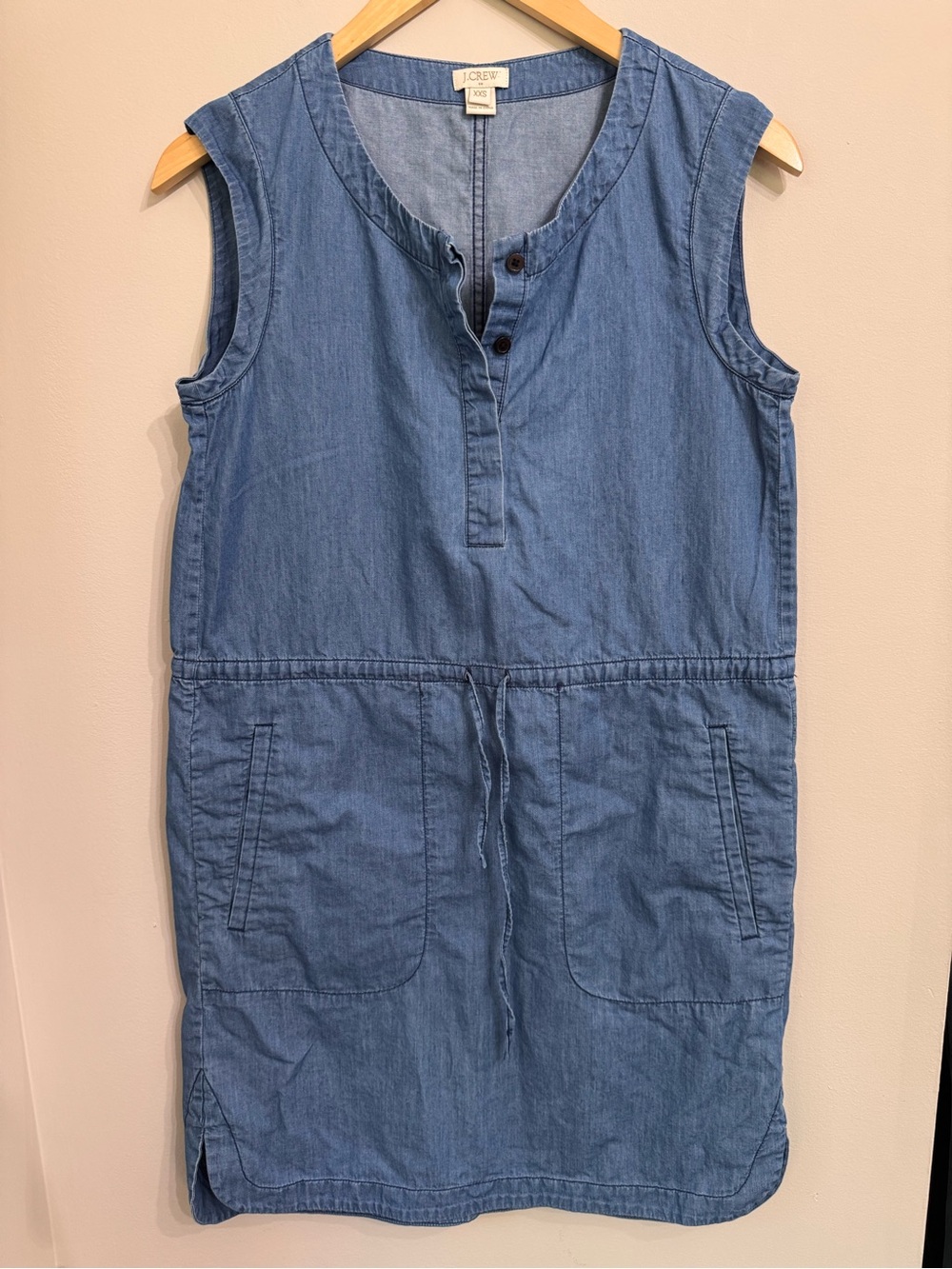 J. Crew Sleeveless Chambray Drawstring Midi Dress in Light Blue